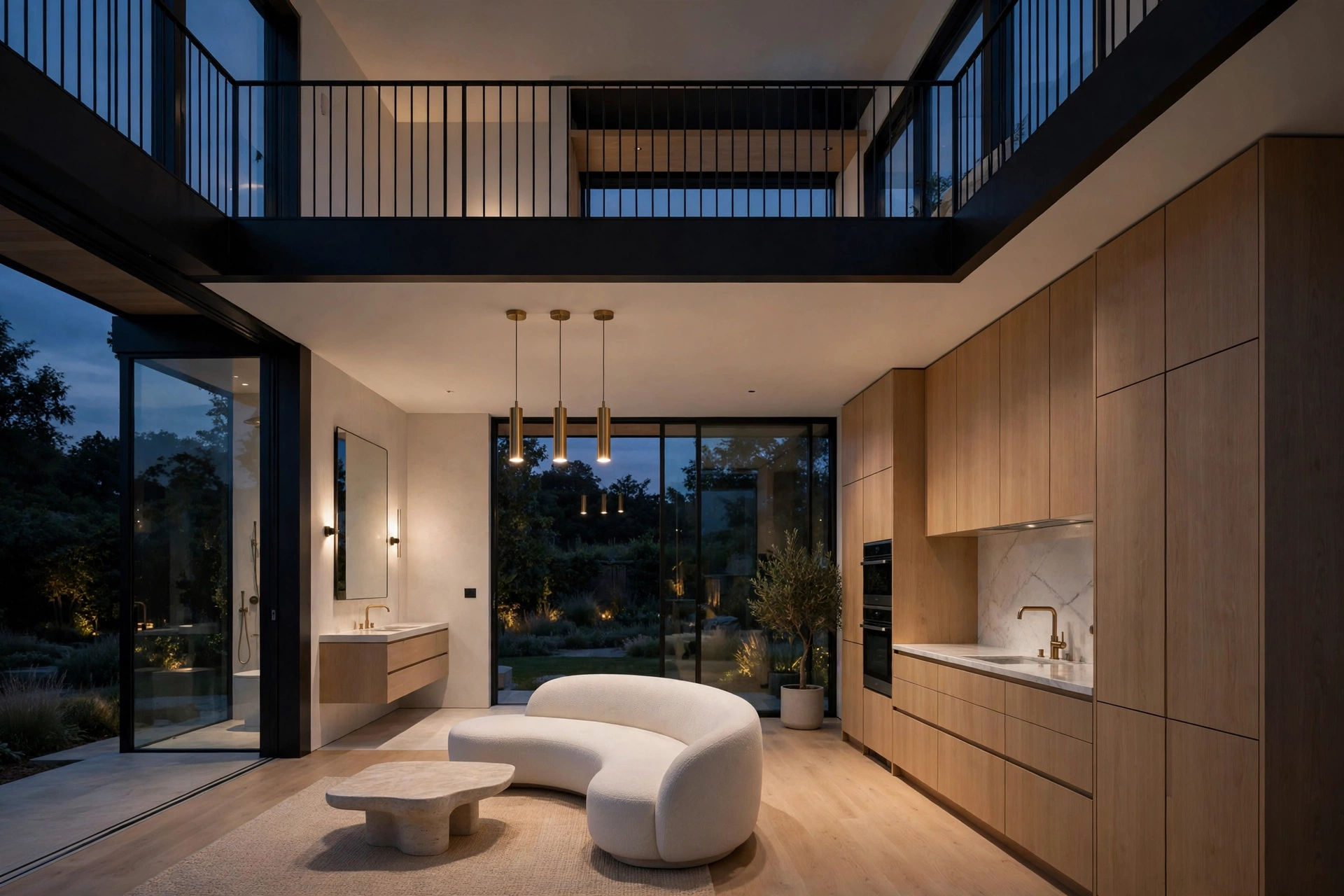 Aras garden suite — designer concept interior render, hotel-suite styled living room and kitchen with dramatic evening lighting