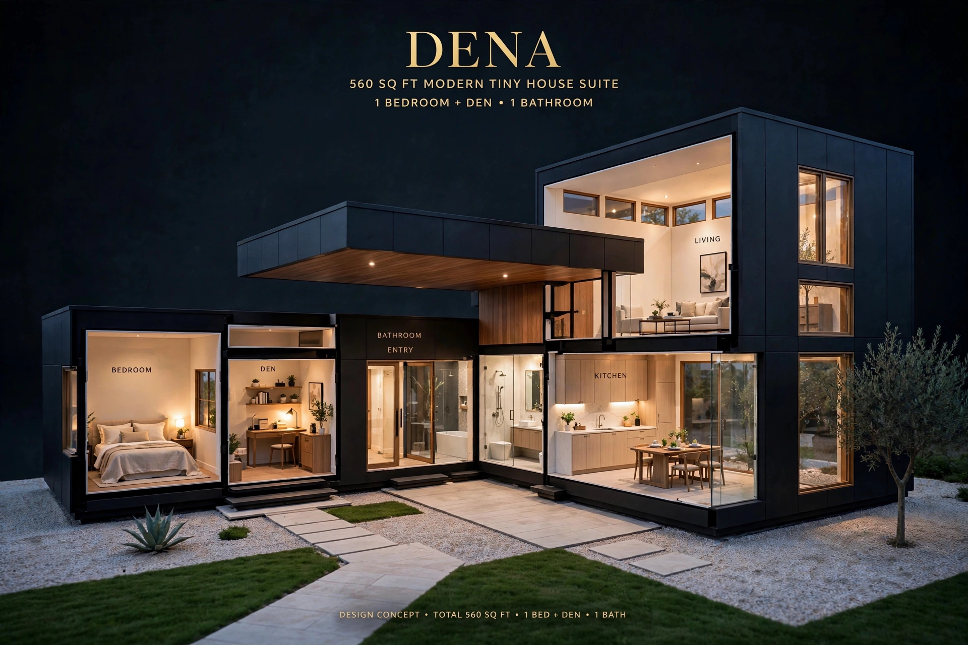 Dena garden suite — designer concept 3D floor plan, hotel-suite styled furnished interior with 1 bedroom plus den and 1 bath, about 560 sq ft