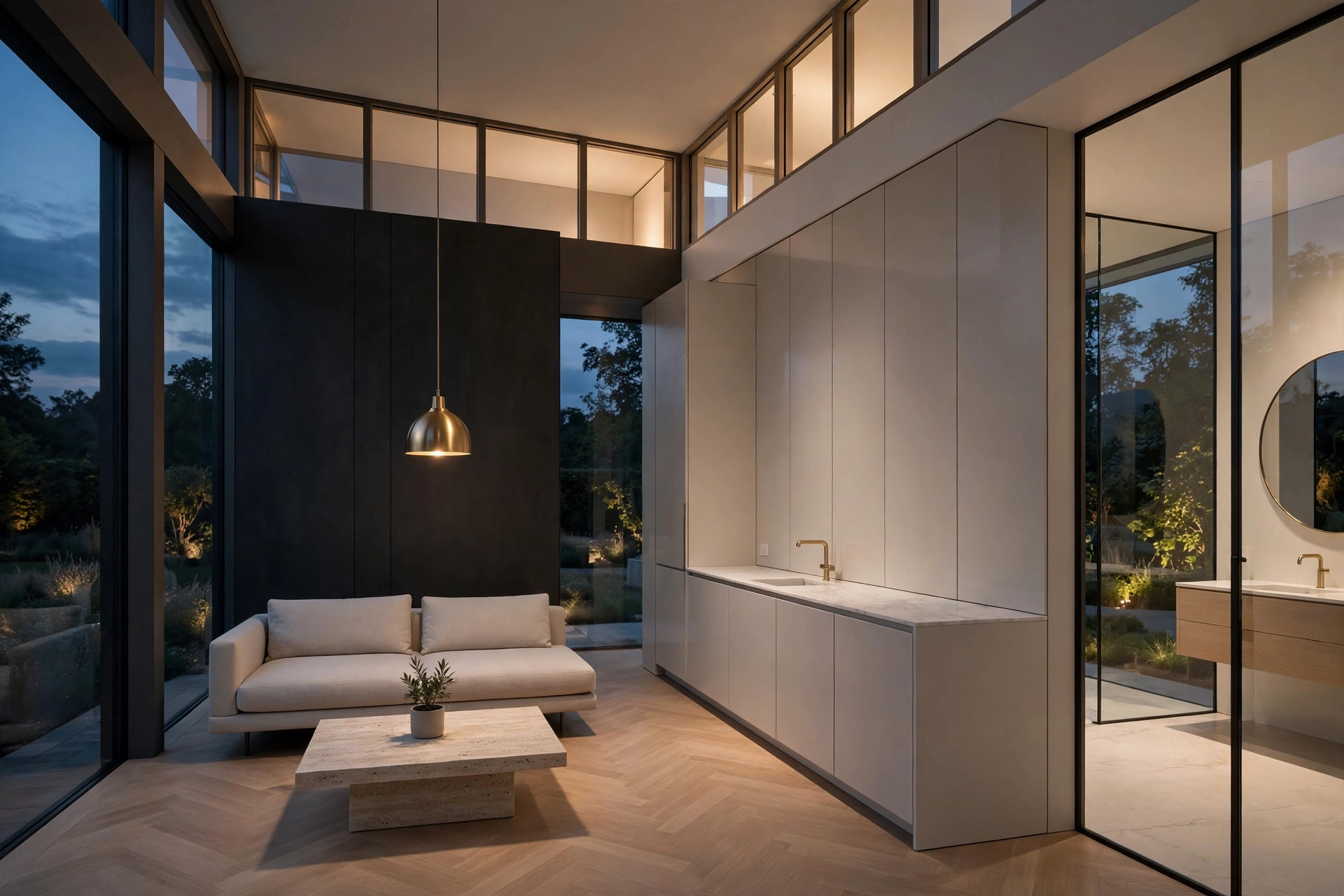Dena garden suite — designer concept interior render, hotel-suite styled living room and kitchen with dramatic evening lighting