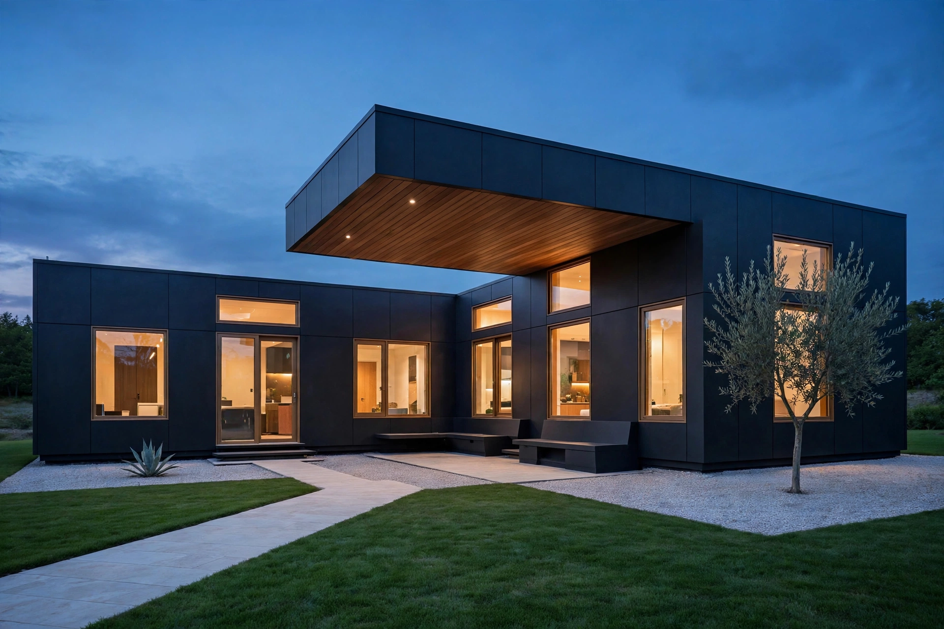 Dena garden suite concept render — L-shaped modern tiny house with dark ACM facade and cantilevered roof at dusk