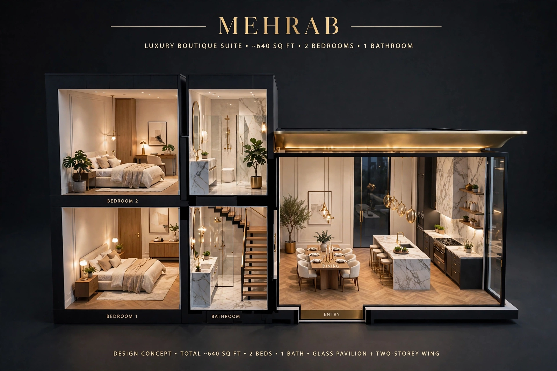 Mehrab garden suite — designer concept 3D floor plan, hotel-suite styled furnished interior with 2 bedrooms and 1 bath, about 640 sq ft