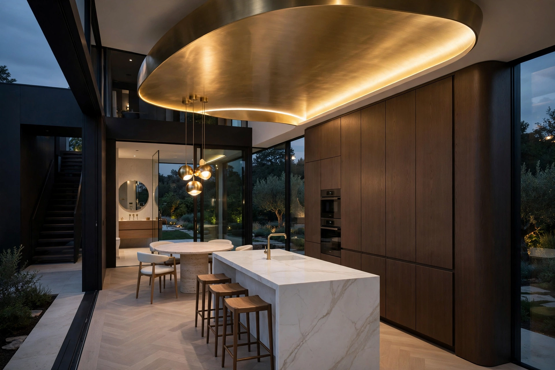 Mehrab garden suite — designer concept interior render, hotel-suite styled living room and kitchen with dramatic evening lighting