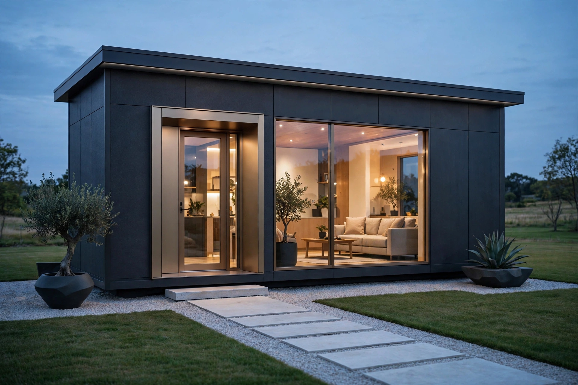 Noor garden suite concept render — compact modern tiny house with dark ACM panel facade and bronze entry at dusk