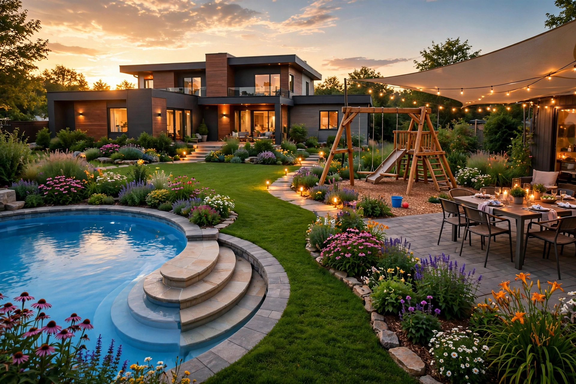 Family pool concept render — inground pool with lawn, garden beds and kids play zone at dusk
