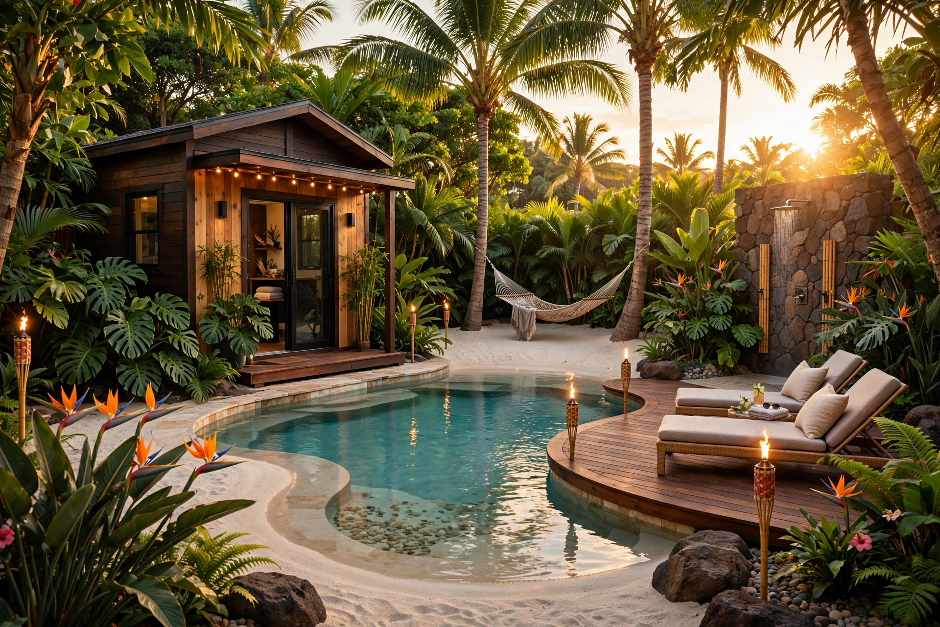 Maui tropical concept render — tiny house with beach-entry lagoon pool, hammock, tiki torches and stone outdoor shower at golden hour